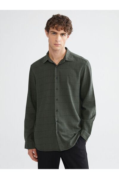 LC Waikiki Cămașă pentru bărbați în carouri cu mânecă lungă, cu croială obișnuită, kaki