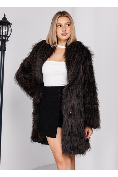 EsSo butik New Season Brown Snap Closure Premium Faux Fur Coat