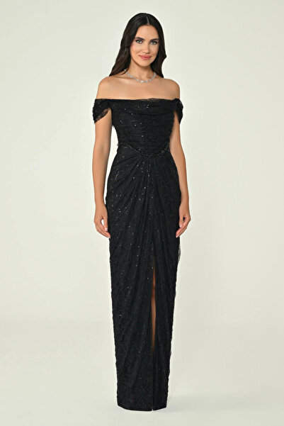 ALFABETA KADIN ABİYE DÜŞÜK OMUZ DRAPELİ SİMLİ DANTEL UZUN ELBİSE