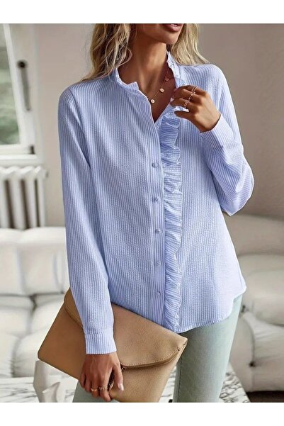 ALPACO Women's Long Sleeve Ruffle Collar Front Button Striped Twist Shirt