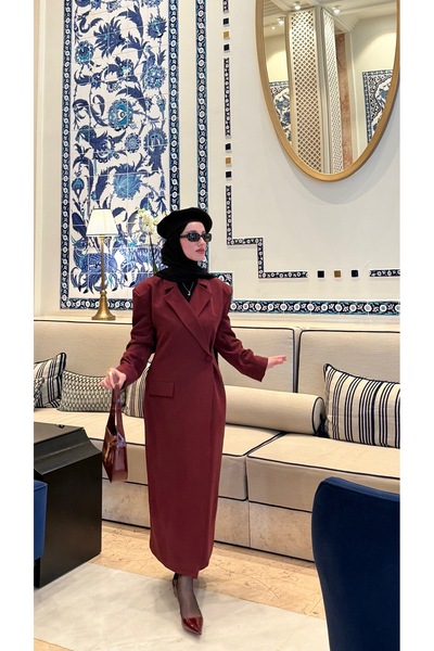 ÖZGENZA Elizabeth vatkalı astarlı uzun ceket elbise bordo