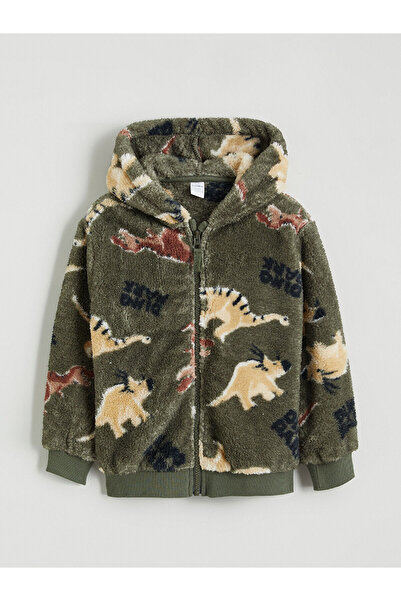 LC Waikiki Dinozor Desenli Pelüş Erkek Çocuk Fermuarlı Sweatshirt