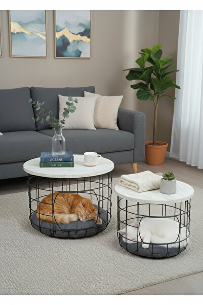 Vovikon Kedi Yuvalı Sepet Sehpa Seti 2li Orta Sehpa Kahve Sehpası