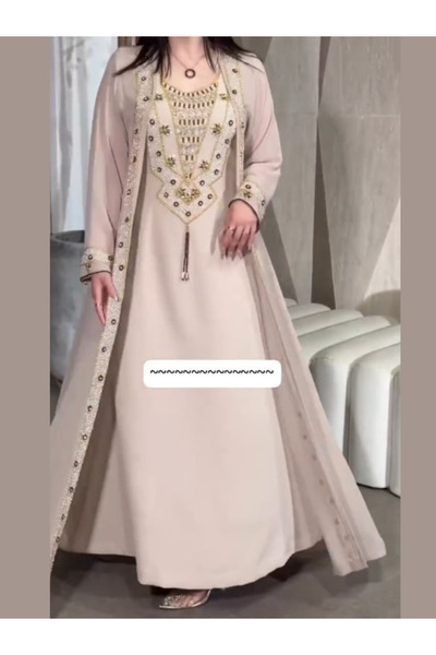 Nice Model Luxury Beige Kaftan Abaya Golden Embroidered Evening Dress Long Sleeve Formal Gown Chiffon Shawl