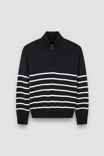 PAUL&SHARK Men's Mock Neck Long Sleeve Line Patterned Long Sleeve Black Knitwear 15311142-213