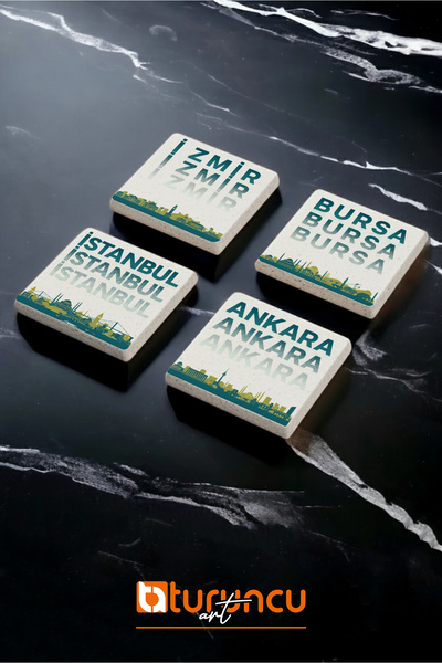 Turuncu Sticker Türkiye Series - Istanbul-Ankara-Izmir-Bursa Natural Stone Coaster Set, Home and Office 10X10Cm
