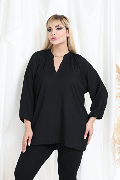 MODA Patlı Hakim Yaka Esnek Büyük Beden Kadın Tunik Bluz