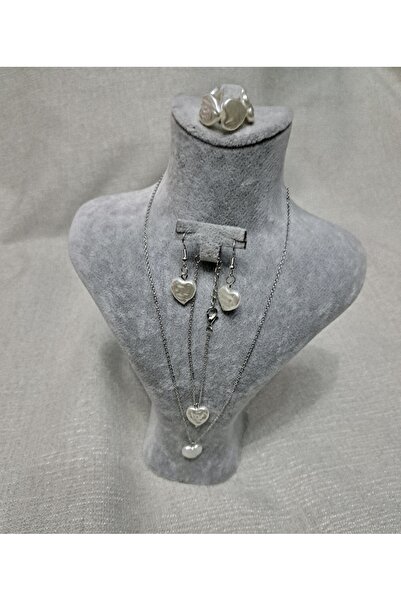 H.RoseButik Acrylic Heart Handmade Ring Necklace Bracelet Earring Cream Set Silver Chain Set