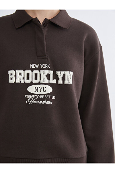 LC Waikiki Polo Neck Brooklyn Printed Women's Thick Sweatshirt