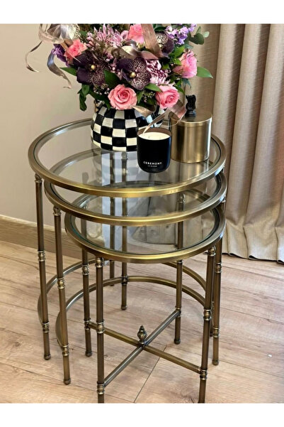 Tutku Torna Detaylı Pirinç 3'lü Zigon Sehpa