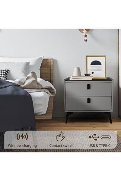 Lexin Smart Nightstand with Wireless Charging, 3-Color LED, Bluetooth Speaker, 2 Drawers (45x42x48cm）