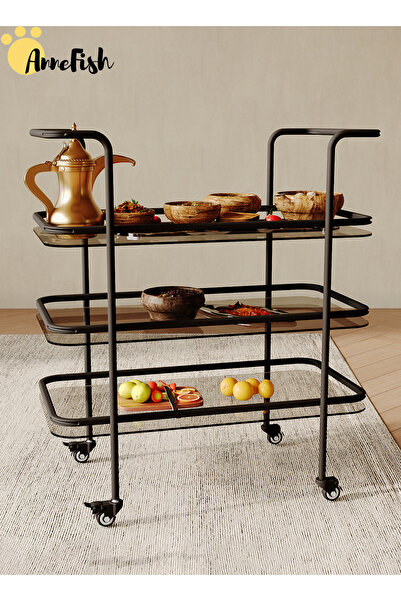 AnneFish 3 Tier Glass Rolling Serving Trolley Home Bar Serving Cart with Wheels and Storage Shelves Cart