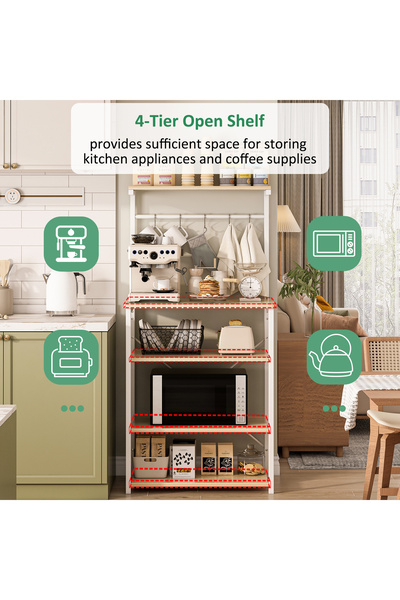 Venpara 4-Tier Kitchen Storage Rack, Coffee Corner Table with 5 Hooks & Adjustable Shelves