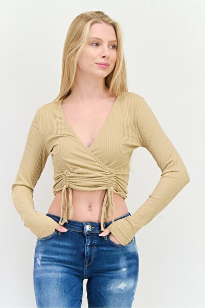 Poof Girl Women Surplice Neck Long Sleeves Ribbed Top, Beige