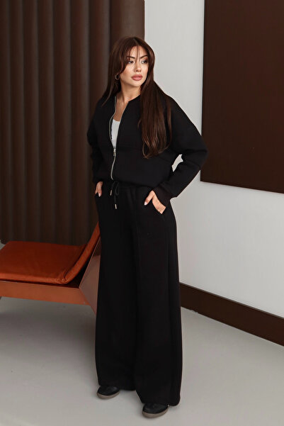 Mogi Butik Women's 3 Thread Fleece Lined Robe Bomber Jacket Palazzo Suit 3130