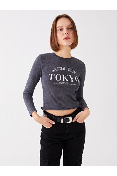 LC Waikiki Black Crew Neck Printed Long Sleeve Women's Crop