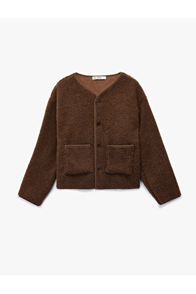 Koton Long Sleeve Buttoned Pocket Detailed Crew Neck Plush Jacket