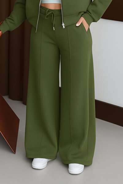 Mogi Butik Women's 3 Thread Fleece Inside High Waist Çı piped Alazzo Sweatpants 3131