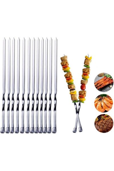 Yuwell YU WELL Pack of 12 Stainless Steel Flat Barbecue Skewers, 60 cm