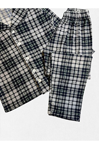 Fil Kids Boy's Cotton Suede Fabric Gray Color Green Plaid Pattern Shirt Collar Buttoned Winter Pajama Set