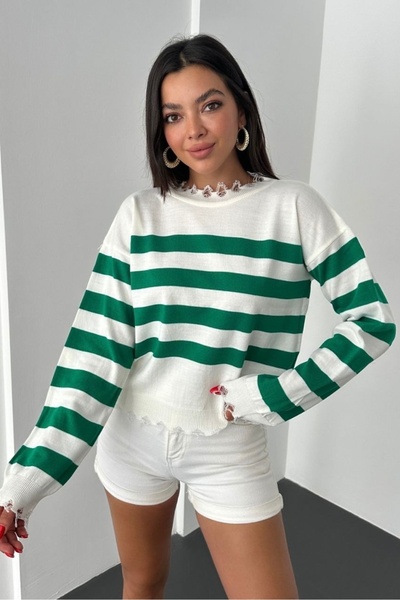 Noi Belis Flowy Detailed Crop Length Color Block Knitwear Sweater Aw25Kz0035