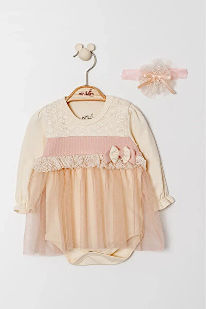 MİNİBORN 3504 Girl's Long Sleeve Collar Lace Tulle Badi Dress Bandana Set