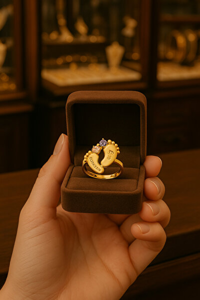 Soleildor Çift Doğum Taşlı Bebek Ayağı Gümüş Yüzük