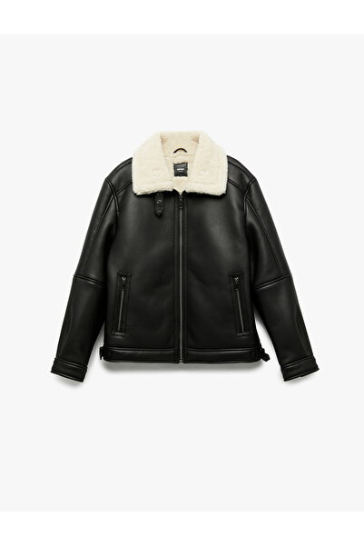 Koton Long Sleeve Pocket Detailed Zippered Plush Collar Faux Leather Jacket