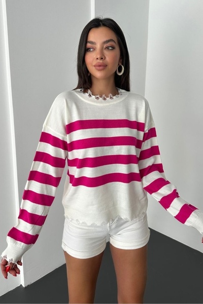 Noi Belis Flowy Detailed Crop Length Color Block Knitwear Sweater Aw25Kz0035