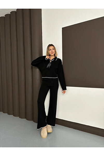 H&E LUXURY DESIGN Women's Black Polo Neck Scarf with Shepherd Stitch Sweater Pants Knitwear Set