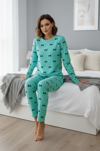 Fulla Moda Bow Patterned Crew Neck Pajama Set