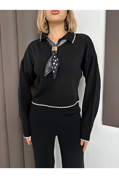 H&E LUXURY DESIGN Women's Black Polo Neck Scarf with Shepherd Stitch Sweater Pants Knitwear Set