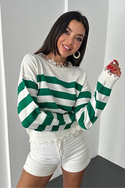 Noi Belis Flowy Detailed Crop Length Color Block Knitwear Sweater Aw25Kz0035