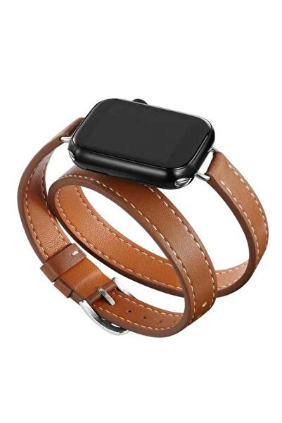 Arabest حزام جلدي أصلي رفيع مزدوج لساعة Apple Watch (38/40/41/42 مم) بني