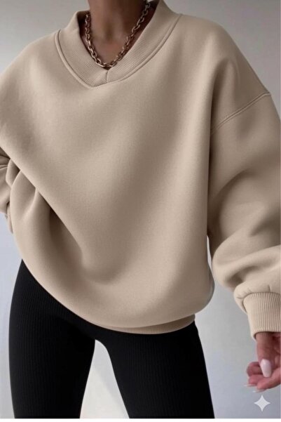 CAST COLLECTİON Γυναικείο φούτερ μπεζ με λαιμόκοψη σε σχήμα V oversized