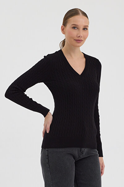 hateko Women's Pure 100% Cotton Black V-Neck Hair Knit Sweater – Knitted Pattern