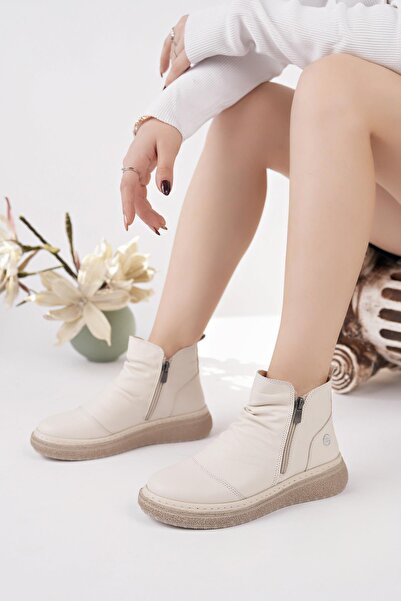 Mammamia D25Kb 1005 Bone Genuine Leather Double Zipper Women's Boots