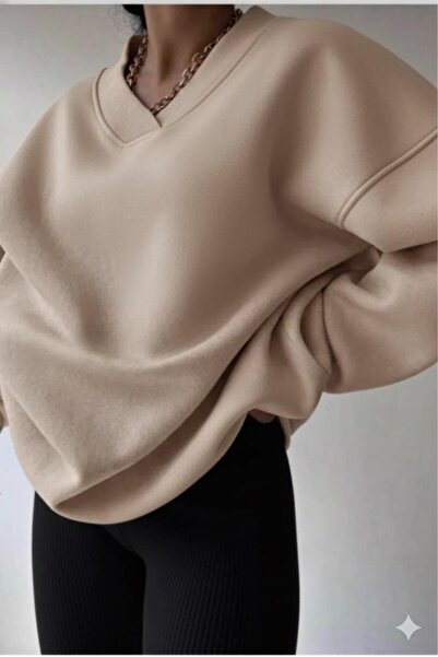 CAST COLLECTİON Γυναικείο φούτερ μπεζ με λαιμόκοψη σε σχήμα V oversized