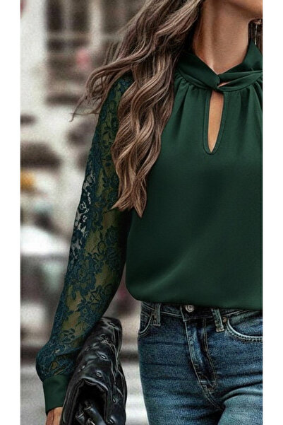 JANES Women's Long Sleeve Chest Window Detail Lapel Turtleneck Sleeves Tulle Sandy Blouse