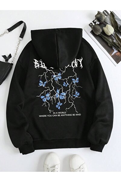 ZEMLİYA Hanorac termic cu glugă și șnur, cu imprimeu cu fluturi și slogan, pe...