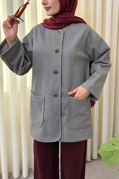 Salih Çelebi سترة كاشي بياقة الدراجة مع جيوب 0017 - رمادي