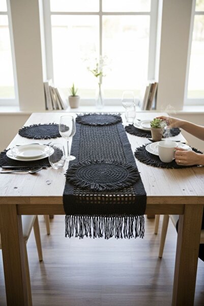 ANJEAHOME Ronse 6-Piece Black Tasseled Handcrafted Table Runner Set with Tassel Detail | Stylish Tableware