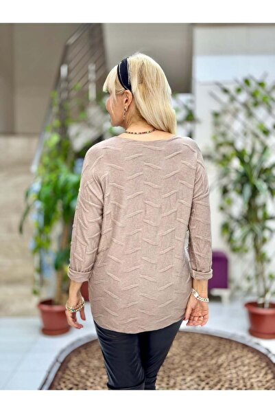 Punta Otantik Yg11716 Leopard Printed Self-Patterned Italian Knitwear Blouse Mink