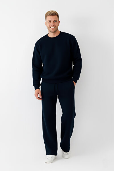 525 Erkek Lacivert Oversize Sweatshirt – Bisiklet Yaka, 3 İplik Şardonlu Polar