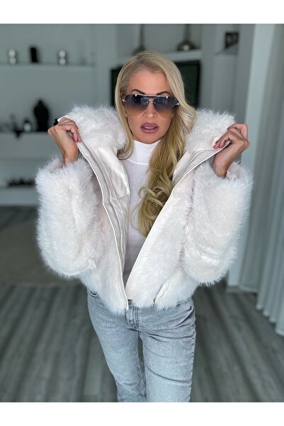 OEM Faux fur coat, with zipper, made of eco-leather, elegant and warm, ivory, M/L