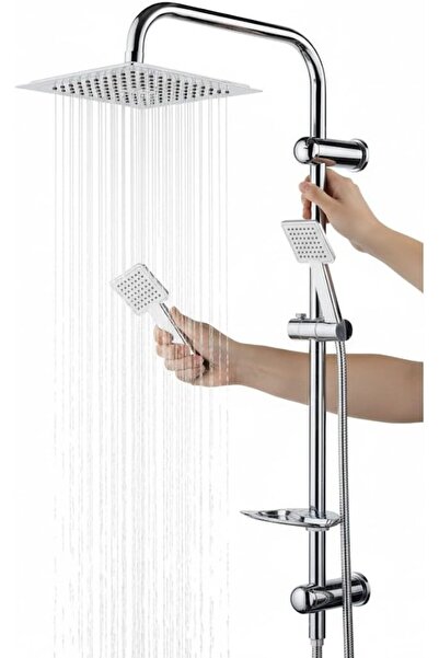 Generic Luxury Integrated Shower System (Up-Down) - Large Square Rain Shower Head, Polished Chrome, Hand Sho
