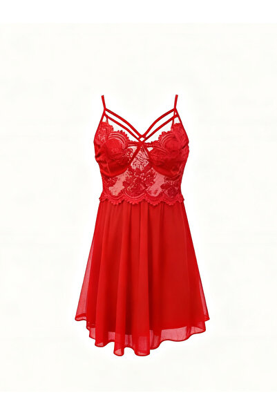 JInsh Soft Touch Mesh Floral Lace Slit Sling Dress Thransparent Cross Strap Solid Homewear Lingerie Dress