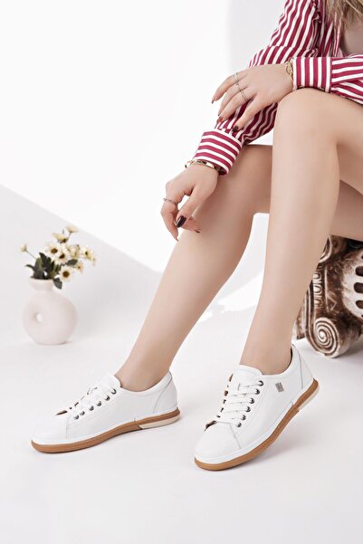 Nesil Shoes Modessa 160 White Lace-Up Genuine Soft Leather Women's Shoes