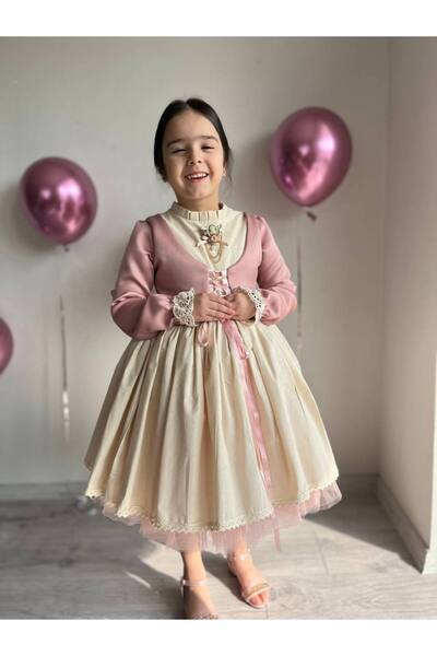 sarena Kız Çocuk Özel Tasarım Önü Bağcıklı Yelek Görünümlü Pudra Pembe Abiye ...