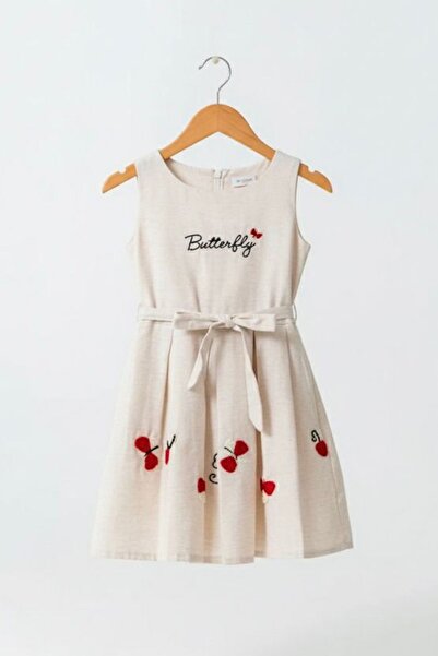 Minigimin Cicileri My Little Girl's Butterfly Embroidered Detailed Bag Dress and Red Cardigan Girl's Combination - Red